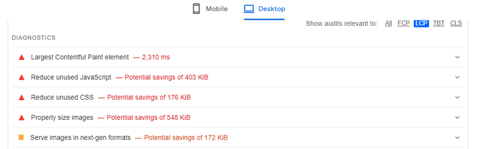 Lighthouse diagnostics and suggestions for improving LCP.