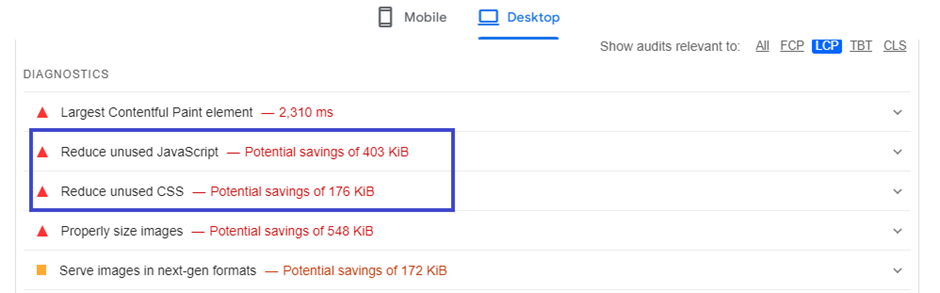 Lighthouse showing the render-blocking resources.